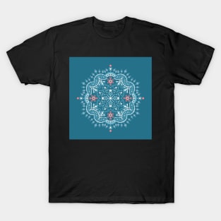 Blue Folk Art  Mandala Snowflake Pattern T-Shirt